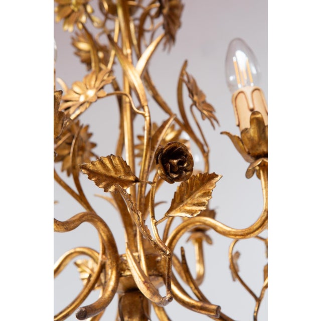 Italian Chandelier in Gilded Metal with Leaves and Flowers, 1970s For Sale - Image 4 of 8