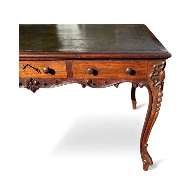 French Louis XV Style Carved Walnut Partners Desk With Leather Top. For Sale - Image 15 of 16