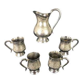 Antique Anglo-Indian Hand-Chased Silver-Plate Pitcher & Pedestal Tankard Set - 5 Pieces For Sale
