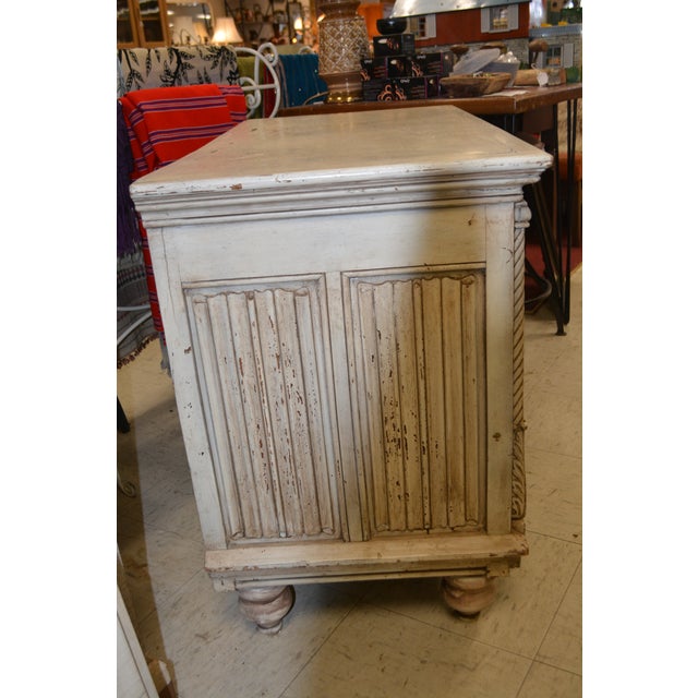 1940s Vintage Karpen Furniture Gothic Cream Wood Lockable Cabinet W/ Black Iron Strap Hinges & Carved Faces For Sale - Image 10 of 12