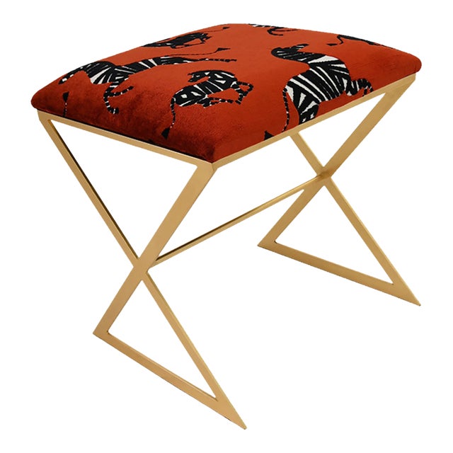 Matthew Izzo Home X Side Stool in Red Zebra Fabric and Gold Leaf Base For Sale