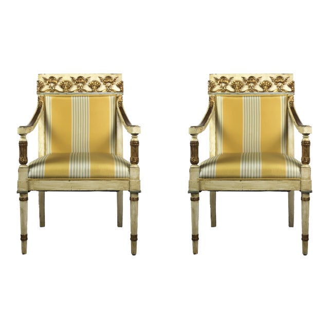 Vintage Late 20th French Empire Style Giltwood Armchairs With Striped Fabric For Sale