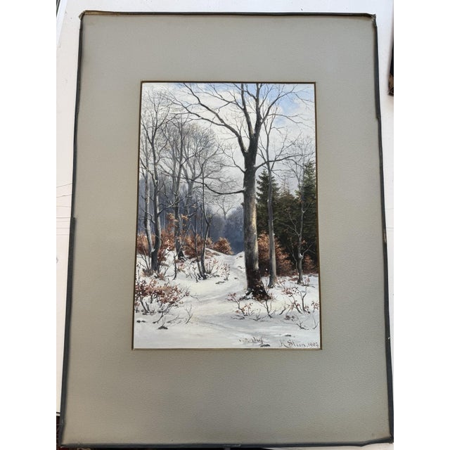 Cream Heinrich Steen, Forest Path in Winter, 1907, Watercolor For Sale - Image 8 of 12