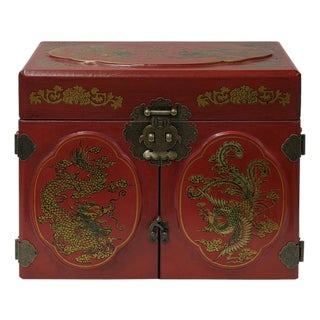 Chinese Oriental Red Dragon Phoenix Mirror Rectangular Jewelry Box For Sale