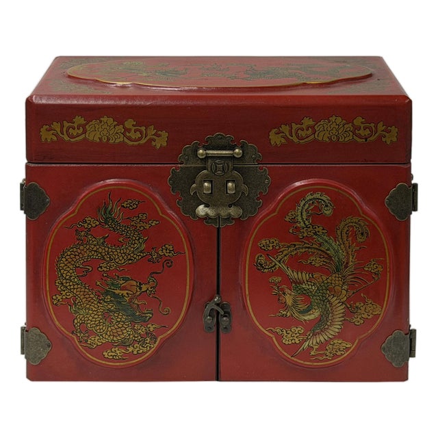 Chinese Oriental Red Dragon Phoenix Mirror Rectangular Jewelry Box For Sale