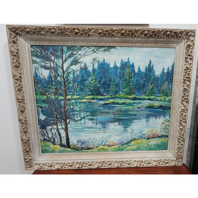 Ann Ruge (1910-2004) This post impressionist landscape painting by artist features richly colored evergreen trees and lush...