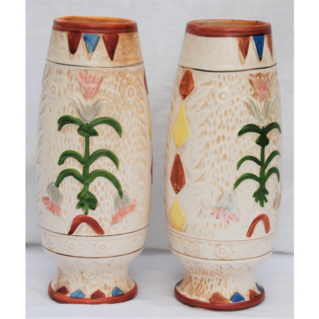 Pair of Hand Painted Vintage Arts and Crafts Style Vases by Pacific
