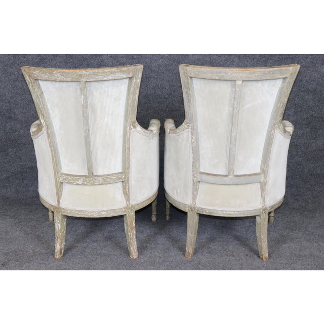 Pair 18th Century French Louis XVI Distressed Painted Bergères For Sale - Image 4 of 17