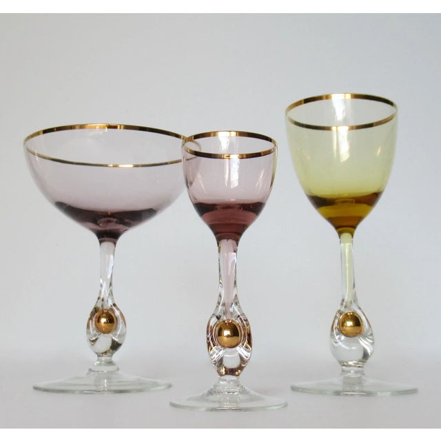 C.1950's Czech Josef Stanik Hand-Blown Crystal Gold-Rimmed Stemware With Encapsulated Gold Nugget Stems- 3 Pieces For Sale In West Palm - Image 6 of 10