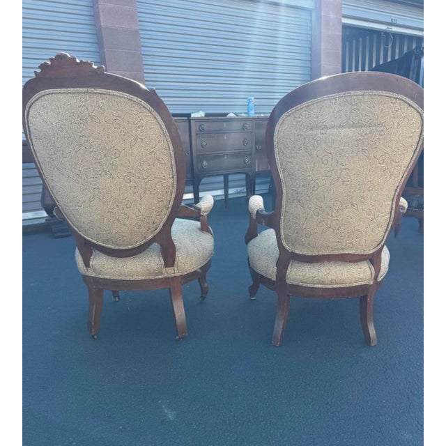 Victorian Coordinated Pair of Victorian-Style Carved Wood Parlor Armchairs For Sale - Image 3 of 3