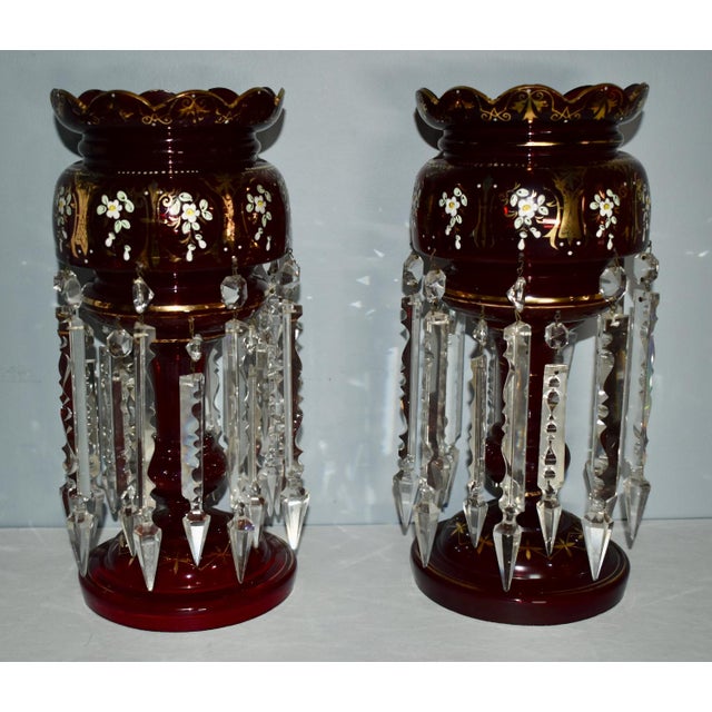 Victorian Antique Victorian Bohemian Pair of Cranberry/Ruby Glass Mantel Lusters For Sale - Image 3 of 12
