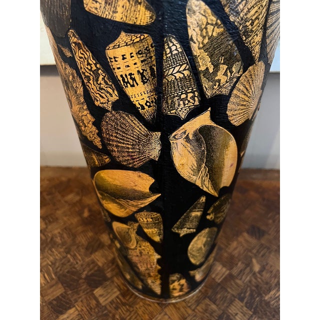 Black Vintage English Planter Jardiniere Urn Shell Decoupage Black Tole Coastal Décor For Sale - Image 8 of 17