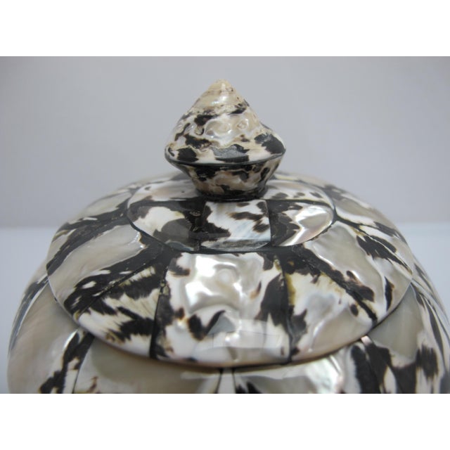 Wood Inlaid Mother of Pearl Black & White Shell Round Lidded Trinket Box For Sale - Image 4 of 10