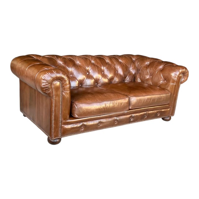 English Vintage Chesterfield Tufted Leather Sofa, Fully Restored With Brass Nail Head Trim For Sale - Image 3 of 11