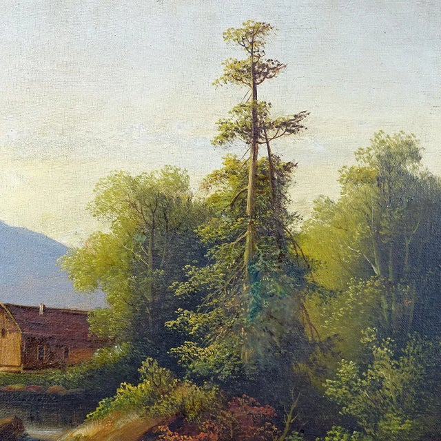 Summer Mountain Landscape with Waterfall and Hut, 19th Century, Oil on Canvas, Framed For Sale - Image 6 of 9
