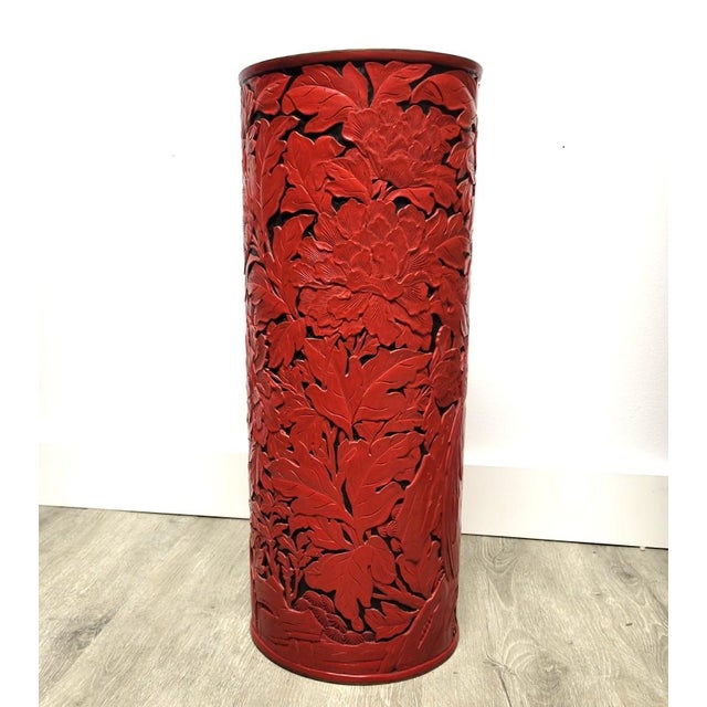 Carved Red Cinnabar-Style Lacquer Floor Vase or Umbrella Stand, Beijing Factory For Sale - Image 9 of 16