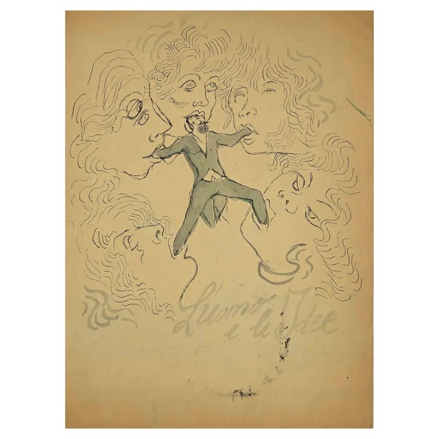 Mino Maccari, Man and the Ideas, Ink and Watercolor, Mid-20th Century For Sale