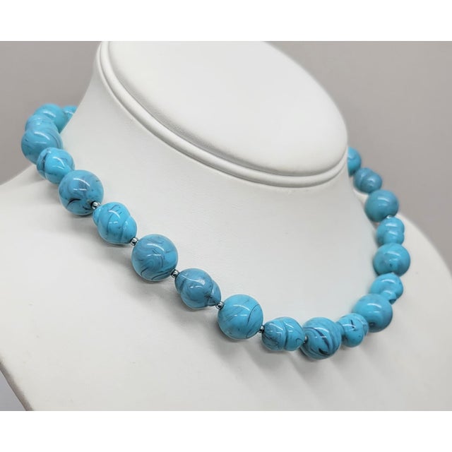 Mid-Century Modern Vintage Signed Crown Trifari Faux-Turquoise Beaded Necklace For Sale - Image 3 of 7