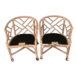 Vintage Mid Century Henry Link Chinese Chippendale Rolling Club Chairs- A Pair For Sale