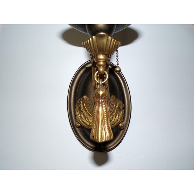Vintage Pair Art Nouveau Gilt Brass Sconces Wall Lamp Fixtures With Tassels For Sale - Image 9 of 13