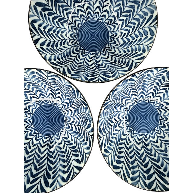 Japanese Hand Painted Blue & White Porcelain Soup Bowls With Botanical Leaf Pattern - Set of 6 For Sale - Image 4 of 10