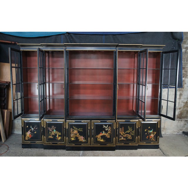 Union National Black Lacquer Chinoiserie Breakfront China Display Cabinet For Sale - Image 12 of 15