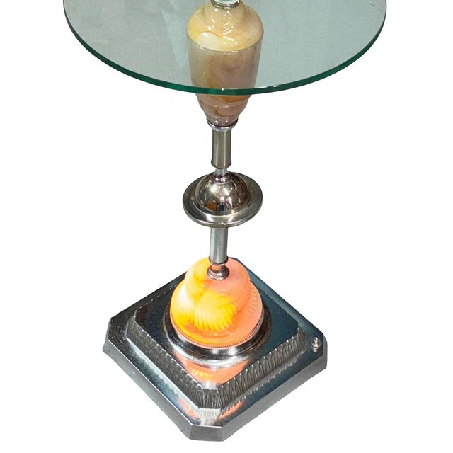 1930s Light Up Chrome Airplane Streamline Art Deco Drink Side Glass Top Table W/ Art Glass Base For Sale - Image 9 of 9