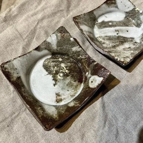 Agate (Mixed Color Clay) with white and transparent glaze. Applied in an abarstract manner. Square Plate with circle...
