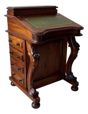 Victorian Mahogany Davenport Desk with Leather Writing Surface and Carved Floral Rosettes, England, 1850s