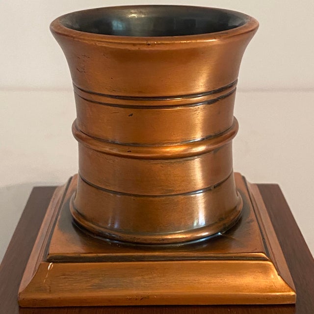 1950’s Solid Bronze Apothecary Mortar and Pestle Mounted on Solid Walnut Presentation Base. For Sale - Image 12 of 13