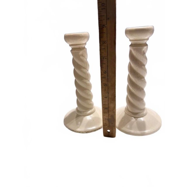 White Vintage Anthony Freeman McFarlin Candlesticks - Pair of White Ceramic Twist Candle Holders With Original Foil Labels For Sale - Image 8 of 9