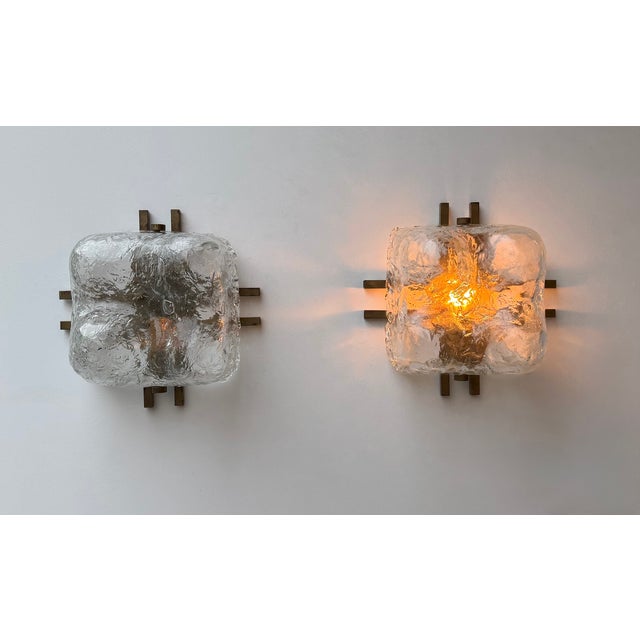 Mazzega Murano Pair of Sconces Blumpy Ice Murano Glass and Brass by Mazzega. Italy, 1970s For Sale - Image 4 of 12