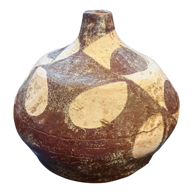 1960s Guido Gambone Style Organic Modern Brown and White Ceramic Italian Vase For Sale