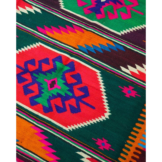 Extra-long vintage handwoven wool flatweave runner (Romanian / Balkan-style) with bold striped bands and repeated...