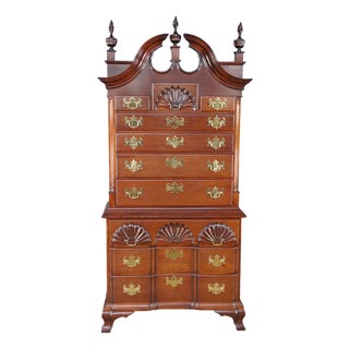 Vintage Chippendale Style Mahogany Shell & Blockfront Highboy Chest on Chest 89" For Sale