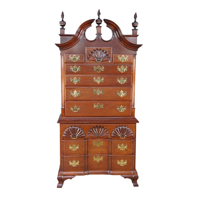 Vintage Chippendale Style Mahogany Shell & Blockfront Highboy Chest on Chest 89" For Sale