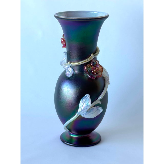 Iridesed Black Glass Vase with Sculpture Glass Flowers by Loetz For Sale - Image 4 of 9
