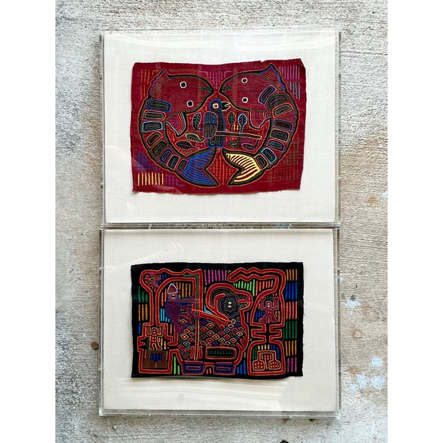 Vintage Lucite Boxed Mola Textile Art - Pair For Sale - Image 4 of 18
