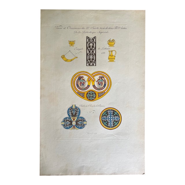 Mid 19th Century Etching Reproduction of Vases and Ornaments of the 9th Century by French Artist Nicolas Xavier Willemin For Sale