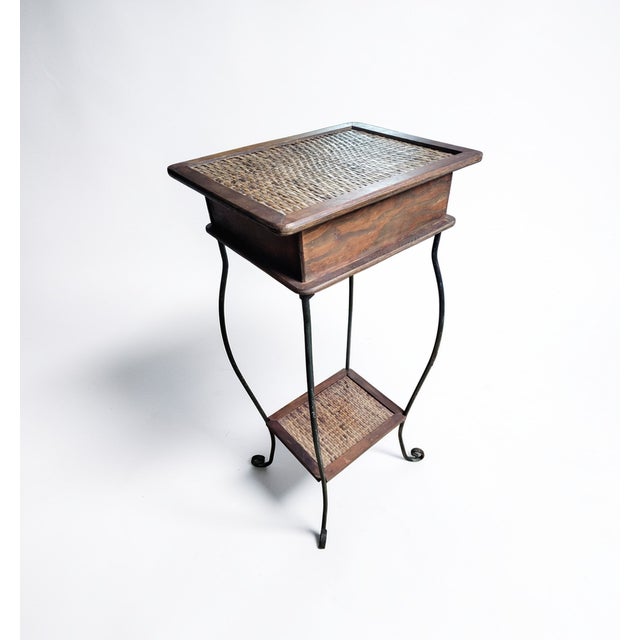 Brown Vintage Mediterranean Revival Woven Rattan and Wood Side Table with Iron Base and Drawer, 1950s For Sale - Image 8 of 11