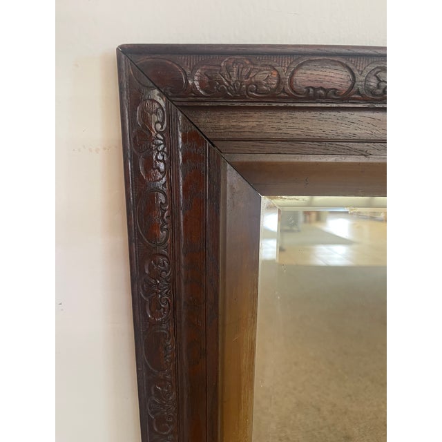 Victorian 1890s Uk Import Carved Oak Wall Mirror With Beveled Glass and Hanging Chain. For Sale - Image 9 of 10