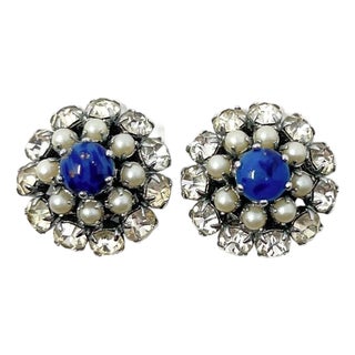 1950s Rhinestone, Faux Pearl and Blue Glass Vintage Button Earrings - 2 pieces For Sale