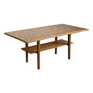 Vintage Danish Oak Coffee Table With Patterned Ceramic Tile Top and Slatted Shelf 1970s For Sale