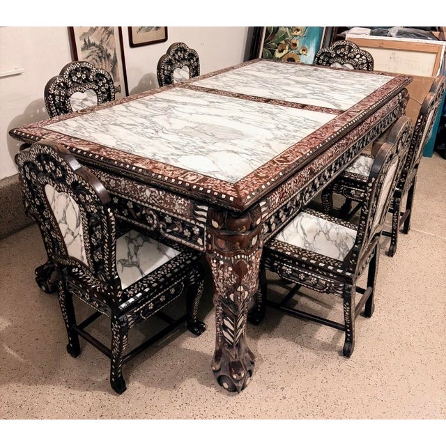 Chinese Vintage Chinese Rosewood Mother-of-Pearl Inlaid Dining Set – Rectangular Table + 6 Chairs With Marble Tops For Sale - Image 3 of 12
