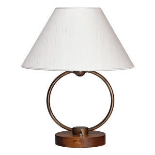 Scandinavian Modern Ring Table Lamp in Brass, Walnut and Silk, Sweden, 1940s For Sale