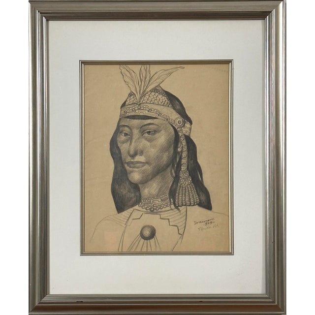 Realism Juan Carlos Iramain (1907–1973) - Folk Art Portrait of a Woman in Headdress, Signed (Graphite on Paper, 1949) For Sale - Image 3 of 6
