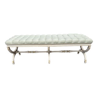 Mid 20th Century French Regency Style Tufted X Base Long Bench For Sale