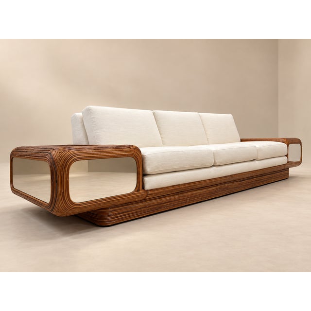 1970s Large Designer Sofa With Floating Side Tables, Split Pencil Reed For Sale - Image 13 of 13