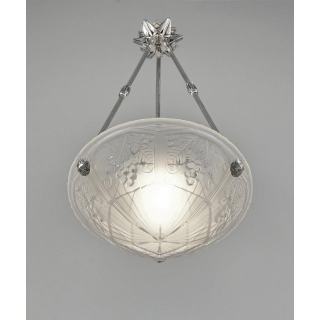 Art Deco P. Maynadier French Art Deco Pendant Chandelier Circa 1930 - Frosted Glass & Nickeled Bronze For Sale - Image 3 of 11