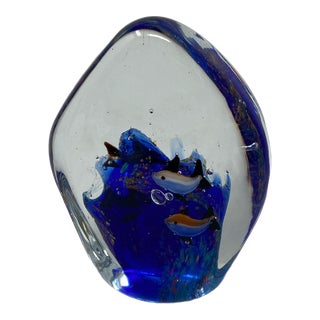 Vintage Murano Aquarium Fish Cobalt Paperweight For Sale